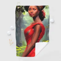 Safari Queen: Majestic African Woman Red Feathers Golf Towel