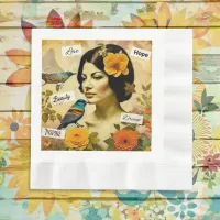 Beautiful Vintage Woman with Birds and Flowers Napkins