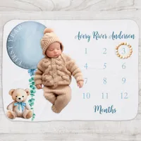 Blue Teddy Bear Milestone Baby Blanket