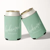 Dusty Mint Green Bridesmaid Modern Script  Can Cooler