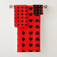 Clubs, spades, hearts, diamonds - red and black bath towel set