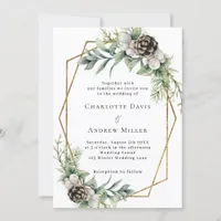 Cone pine greenery gold geometric wedding invitation