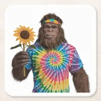 Hippie Sasquatch in Tiedye With Sunflower Square Paper Coaster