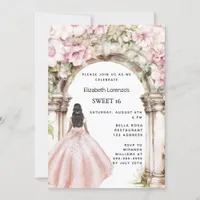 Rose gold pink florals arch dress Sweet 16 Invitation