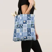 Shades of Blue, White, Yellow Faux Patchwork  Tote Bag