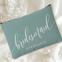 Dusty Teal Bridesmaid Modern Calligraphy Accessory Pouch