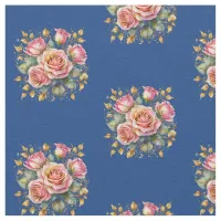 Pink Rose Flowers Floral Patterned Elegant Blue Fabric