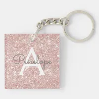 Rose Gold  Pink Glitter and Monogram Keychain