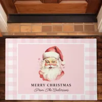 Vintage Santa Pink Gingham Personalized Christmas Doormat