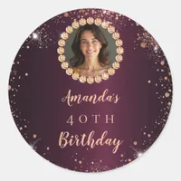 Birthday burgundy rose gold photo diamonds classic round sticker