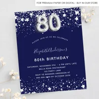 80th birthday navy blue silver budget invitation flyer