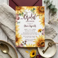 Rustic Watercolor Sunflower Burgundy Bridal Shower Invitation