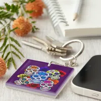 Sugar Skulls Colorful Roses Cinco All Souls Keychain