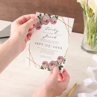 Elegant Gold Glitter Geometric Pink Wedding Vellum Invitations