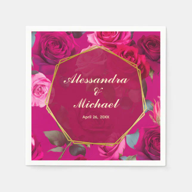 Pink Roses on Viva Magenta | Wedding Napkins