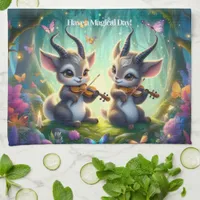 Cute Saolas Playing Violas in a Magical Forest Kitchen Towel