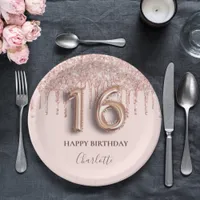 Sweet 16 rose gold pink drips paper plates