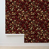 Black, Burgundy and Gold Foliage and Vines Classy Wallpaper