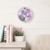 Cute Foxes Kissing Pink And Gray Round Large Clock