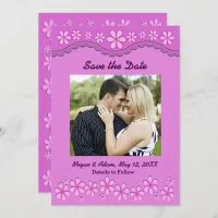 Purple Six Petal Pink Flowers Save the Date Card