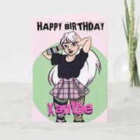 Cute Cartoon Goth Girl Pink Birthday Card