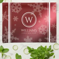 Festive Red Foil Snowflakes Monogram Name Kitchen Towel
