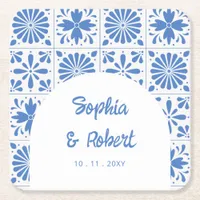 Mexican Blue Talavera Tiles Wedding Square Paper Coaster