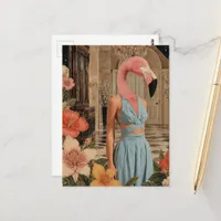 Surreal Flamingo Wearing Blue in room with flowers Postcard