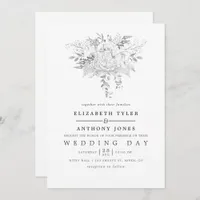 Simplistic White and Silver Vintage Roses Wedding Invitation