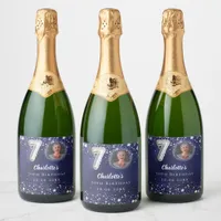 70th birthday navy blue silver stars photo sparkling wine label