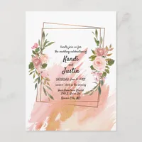 Watercolor Splash Pink Floral Geometric Wedding Postcard