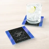 Elegant Black Marble & Royal Blue Foil Monogram Glass Coaster