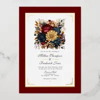 Gold, Navy Blue, and Burgundy Floral Wedding Foil Invitation