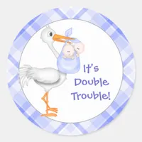 Stork & Twin Boys Baby Announcement Classic Round Sticker