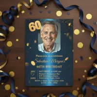 Navy Blue Gold Glitter Photo 60th Birthday Party Invitation