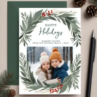 Winter Foliage Greenery Happy Holidays Photo Holiday Card