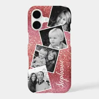 Rose Pink Glitter Photo Collage Personalized Name iPhone 17 Case