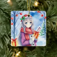 Festive Anime Girl in Whimsical Village Christmas Ceramic Ornament