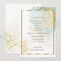 Wedding Modern Blue and Gold Watercolor Splash Invitation
