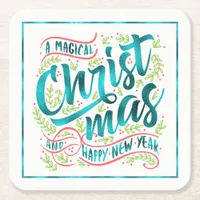 Magical Christmas Typography Teal ID441 Square Paper Coaster