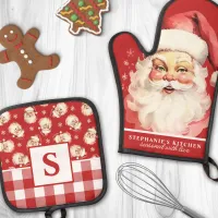 Vintage Santa Face Red Gingham Monogrammed Oven Mitt & Pot Holder Set