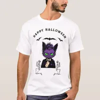 Purple Halloween Cat with Bats and Skeletons T-Shirt