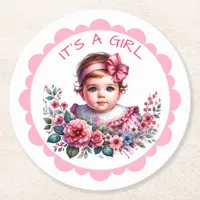 It's a Girl | Pink Floral Vintage Baby Shower Round Paper Coaster