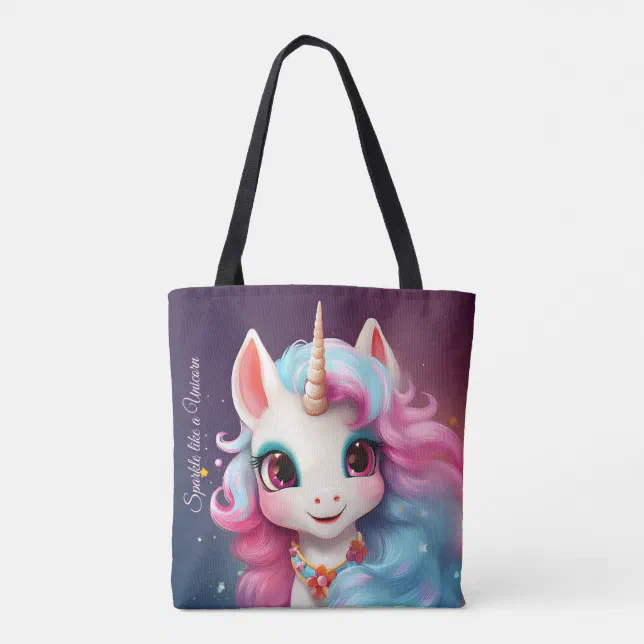 Cute Unicorn Cartoon in Pink & Purple Personalized Tote Bag