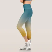 Chic Ombre In Teal Grey And Mustard Capri Leggings