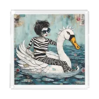 Woman In Zebra Striped Outfit on a Floating Swan  Acrylic Tray