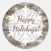 Happy Holidays Charming Wood and Snowflakes Classic Round Sticker