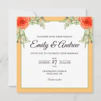 Orange Rose Leaf Floral Watercolor Square Wedding Invitation