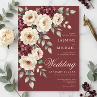 Burgundy Watercolor Peony Moody Winter Wedding Invitation