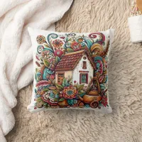 Whimsical cottage surrounded by vibrant foliage throw pillow